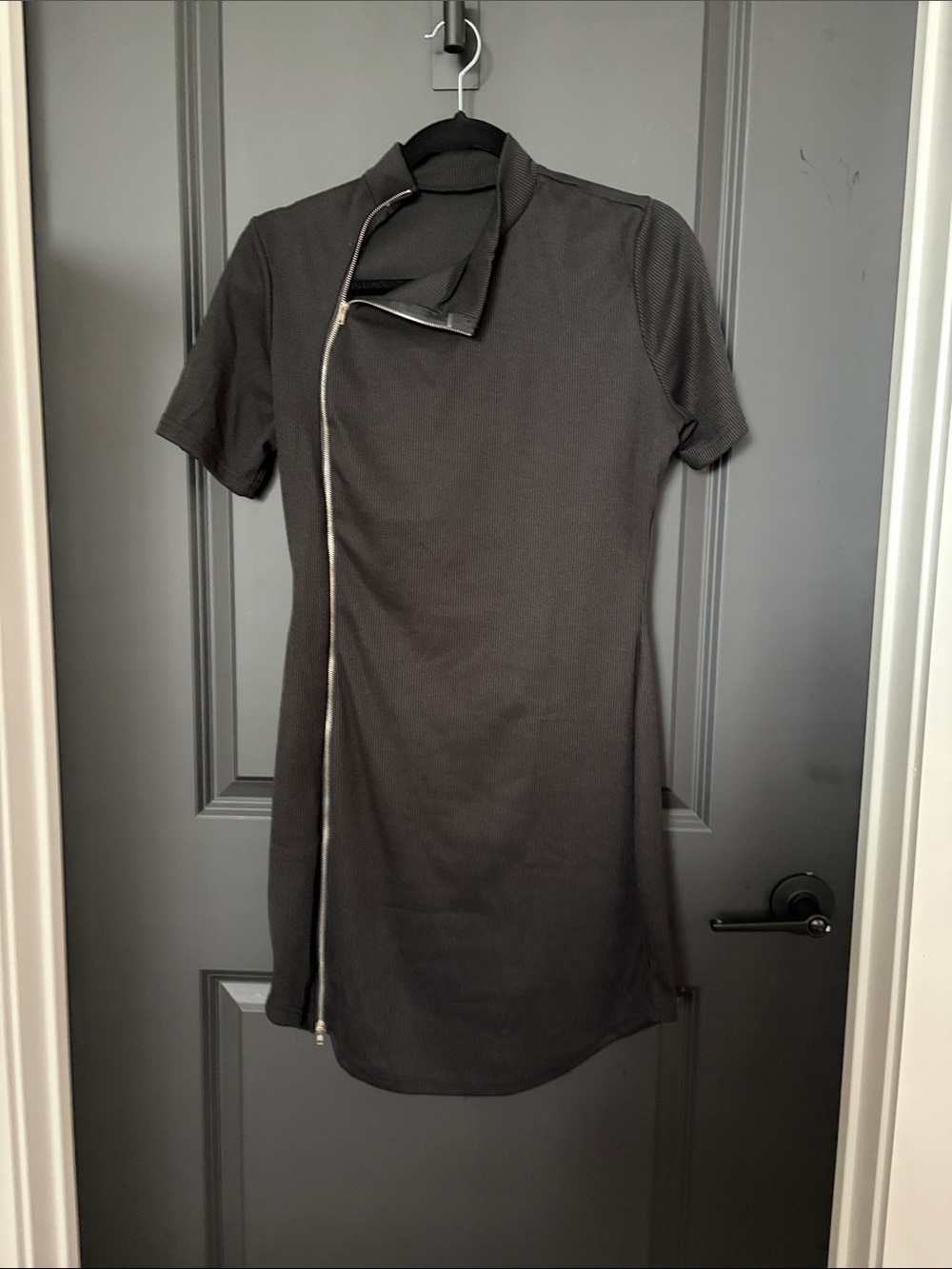 Black Short-Sleeve Zip-Front Mini Dress
